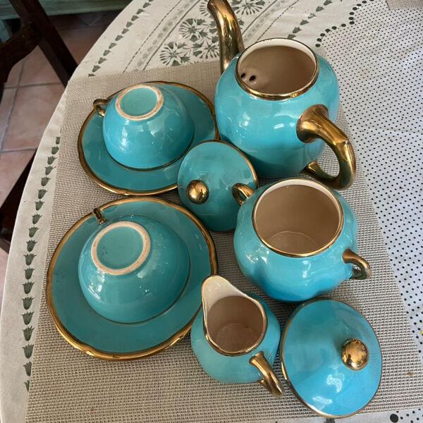 Service à thé vintage en céramique turquoise et dorée – théière, sucri
