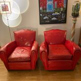 2 club chairs "moustache", 30s, in red leather