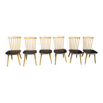 ot de 6 chaises "Menuet" par Baumann – Années 1960 – Hêtre massif et assise