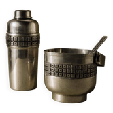 Service à cocktail vintage en étain des années 1960, shaker avec couvercle passoire et seau à glace avec cuillère, motif Art déco