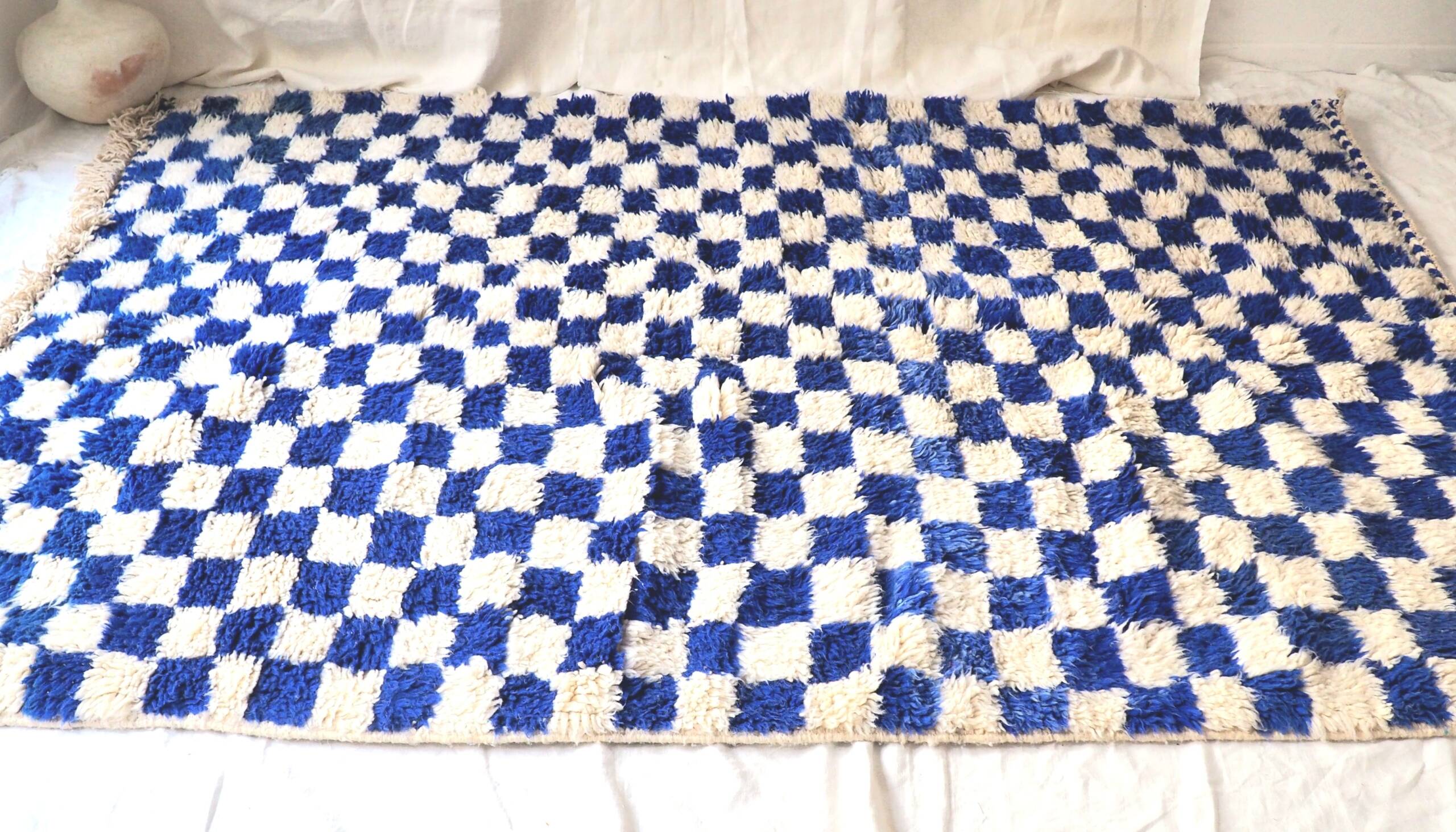 Majorelle Blue Moroccan Checkerboard Rug. Handmade, 100% pure wool. 255x165cm
