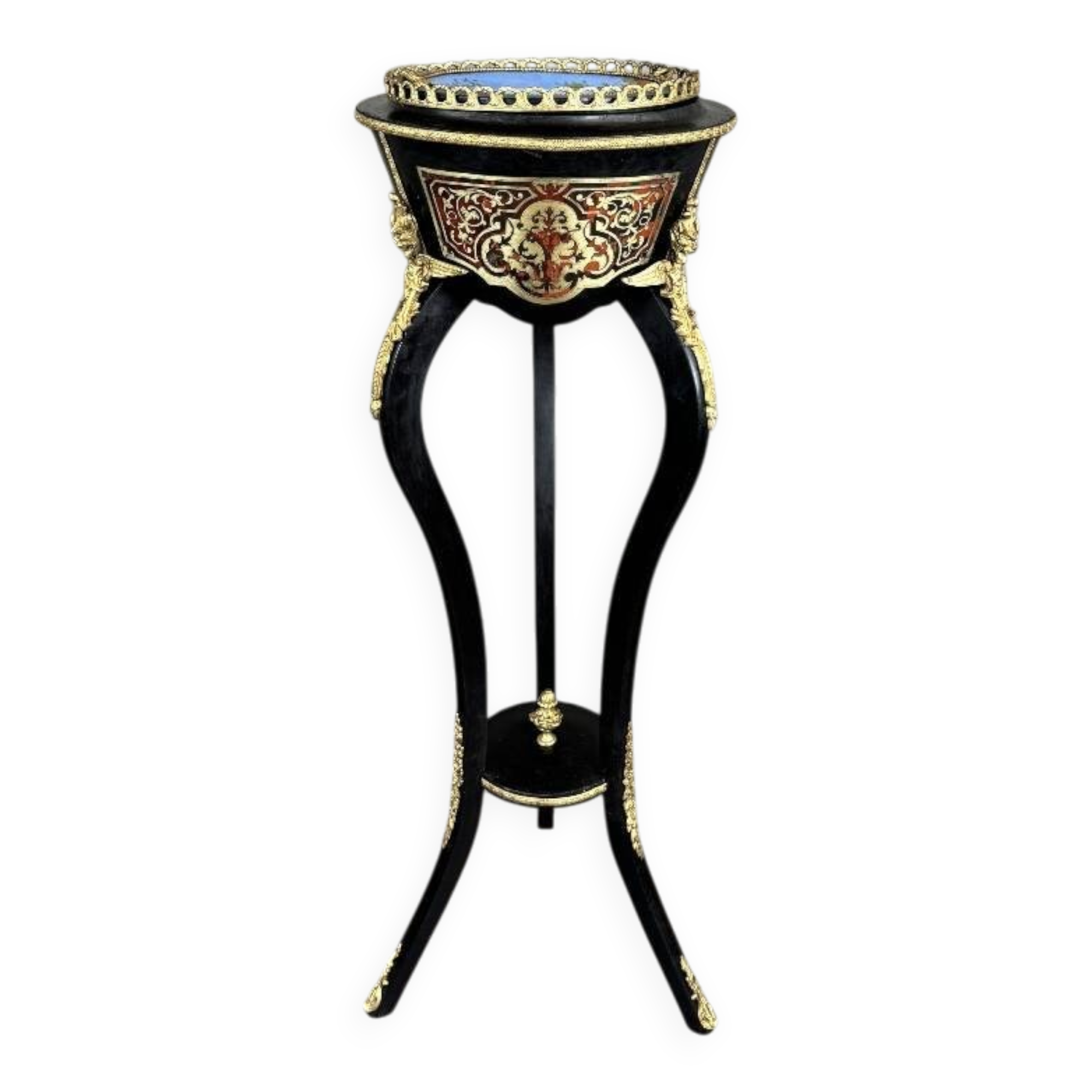 Jardinière Napoléon III en bois noirci, bronze doré et porcelaine peinte à