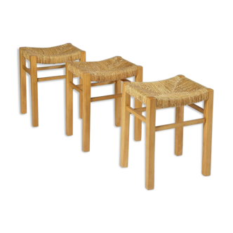 3 vintage straw stools 1950-1960