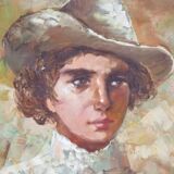 Peinture à l'huile impressionniste vintage Portrait d'une femme avec un chapeau