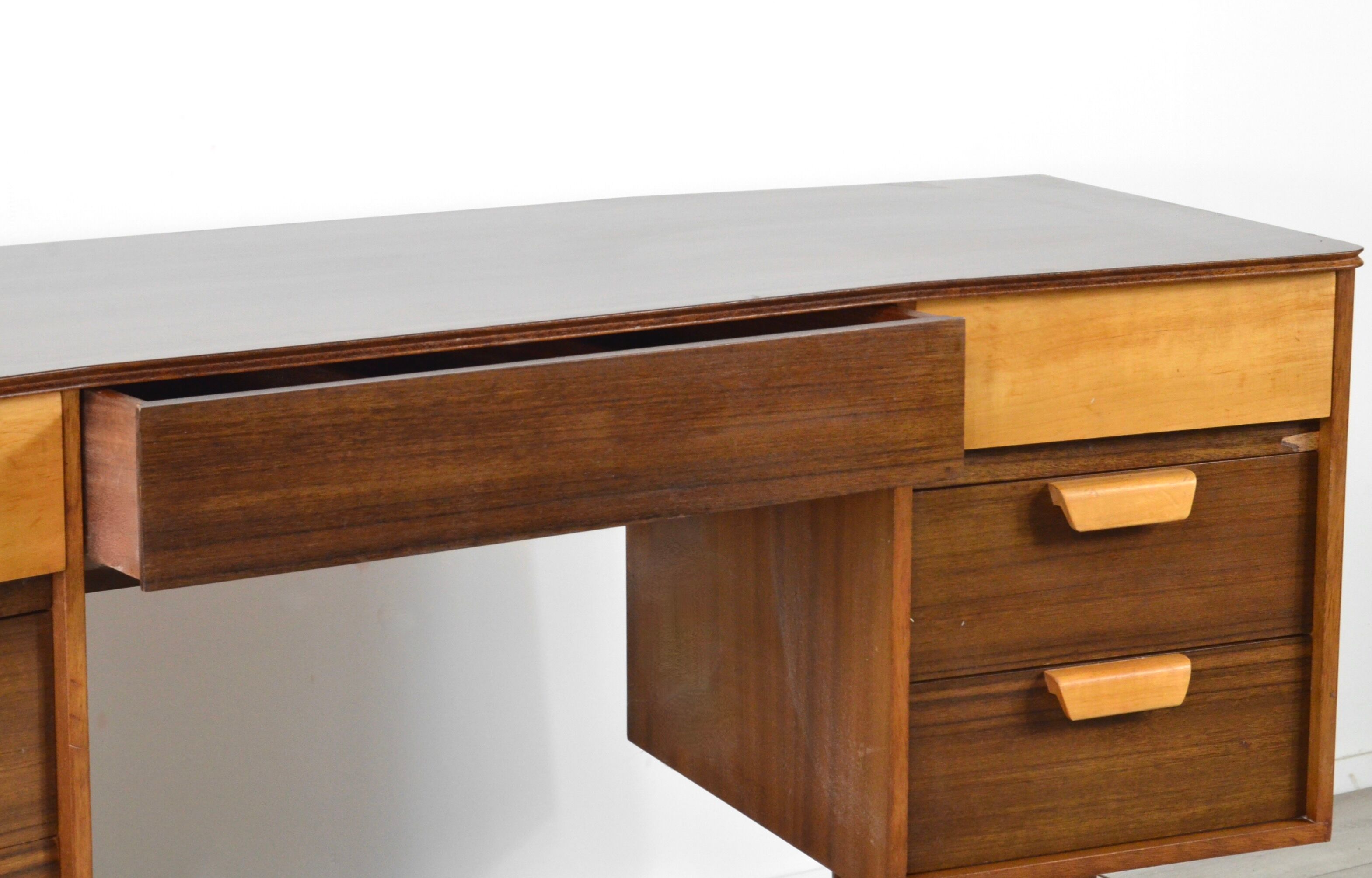 Midcentury Uniflex Walnut And Beech Concave Desk Designed By Gunther Hoffstead .