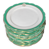 Porcelaine de Paris lot de 12 assiettes plates bordure verte et monogramme JC doré