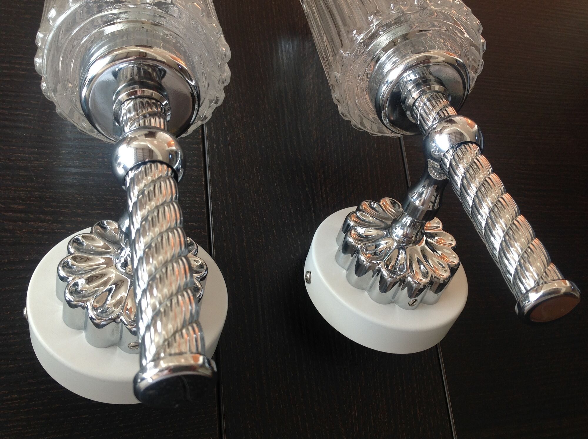 Pair of torch  in glass and chrome metal / vintage 70s wall light