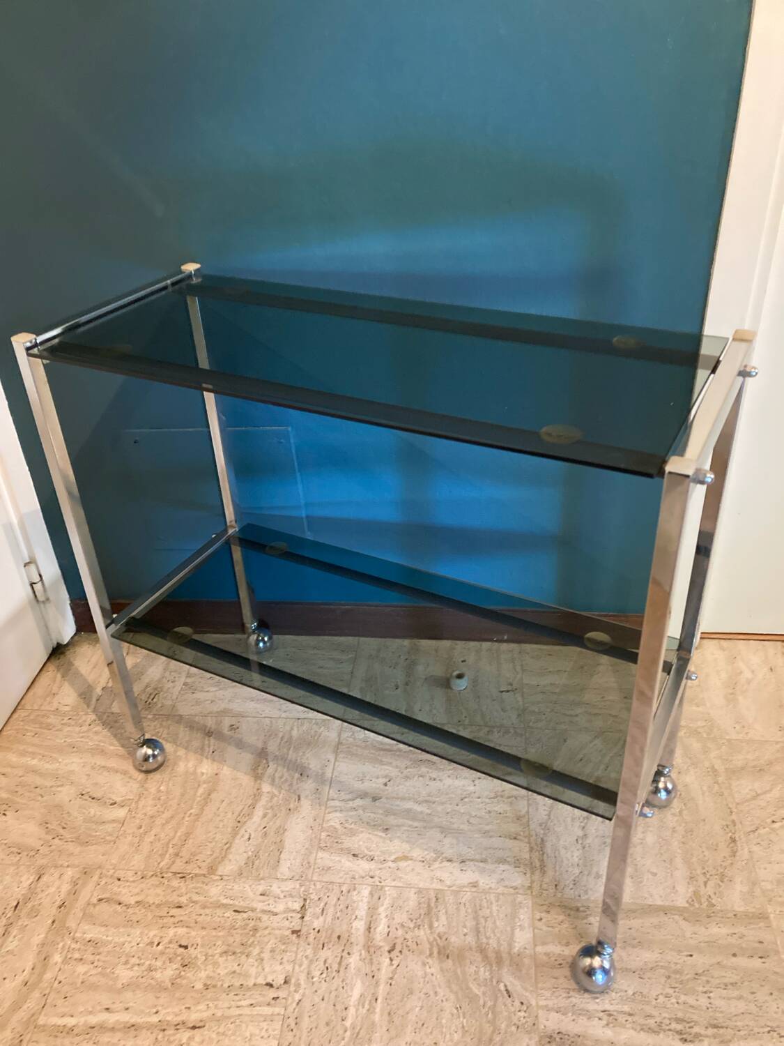 Vintage chrome dessert table, 2 smoked glass trays.