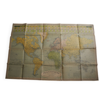 Carte planisphère fuseaux horaires blondel paris old french map time zone 30s