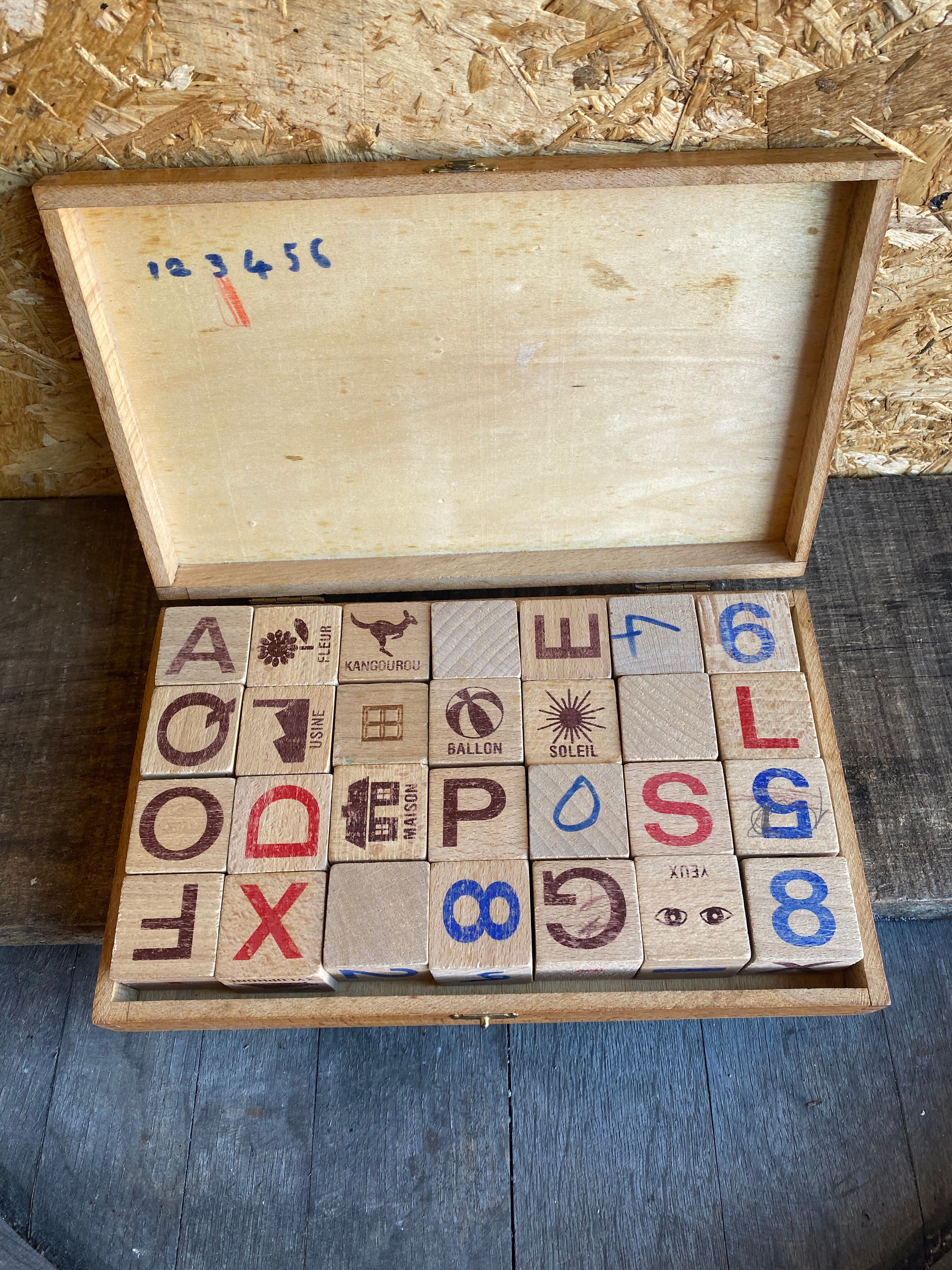 Jouet Jeu Ancien JEU JURA Bois Massif 28 Cubes + Boîte Origine Vintage