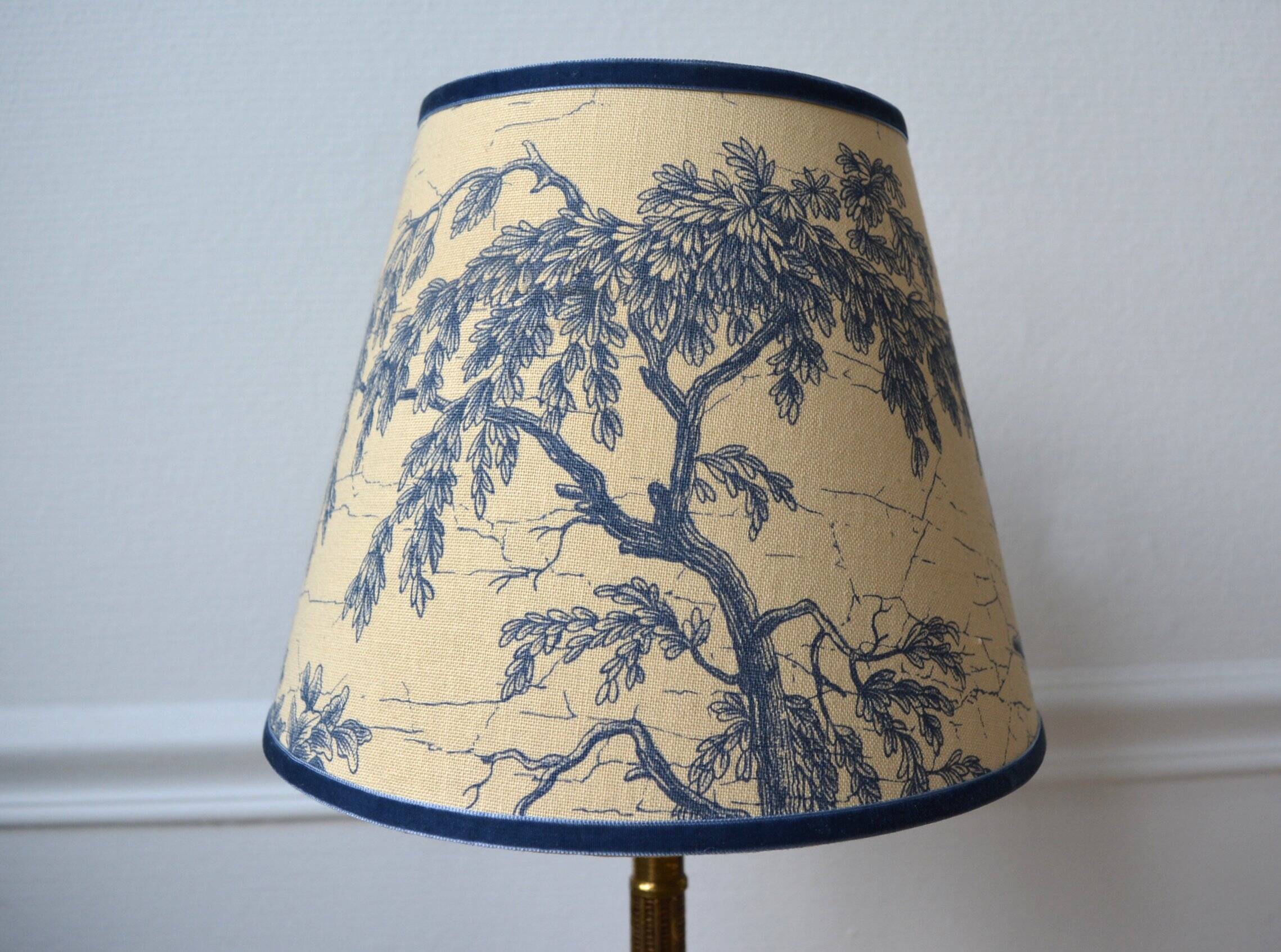 Jouy fabric lampshade, blue, tree pattern, leaves