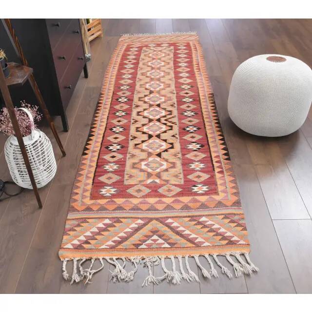 1970s Vintage Turkish Hand-Knotted Wool Cotton Orange Runner Rug 89x287