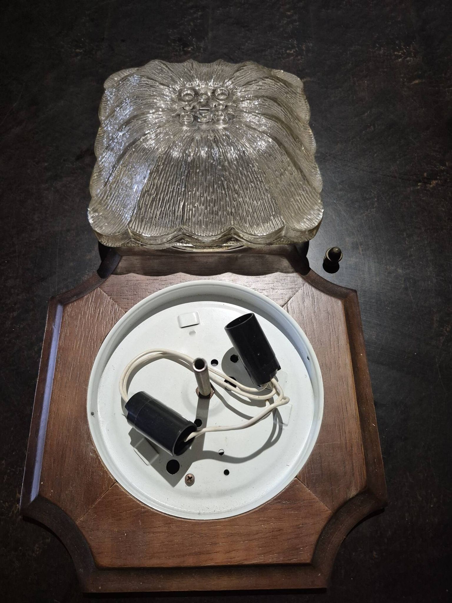 Wall ceiling lamp wood and (amber) glass 1960s moulded