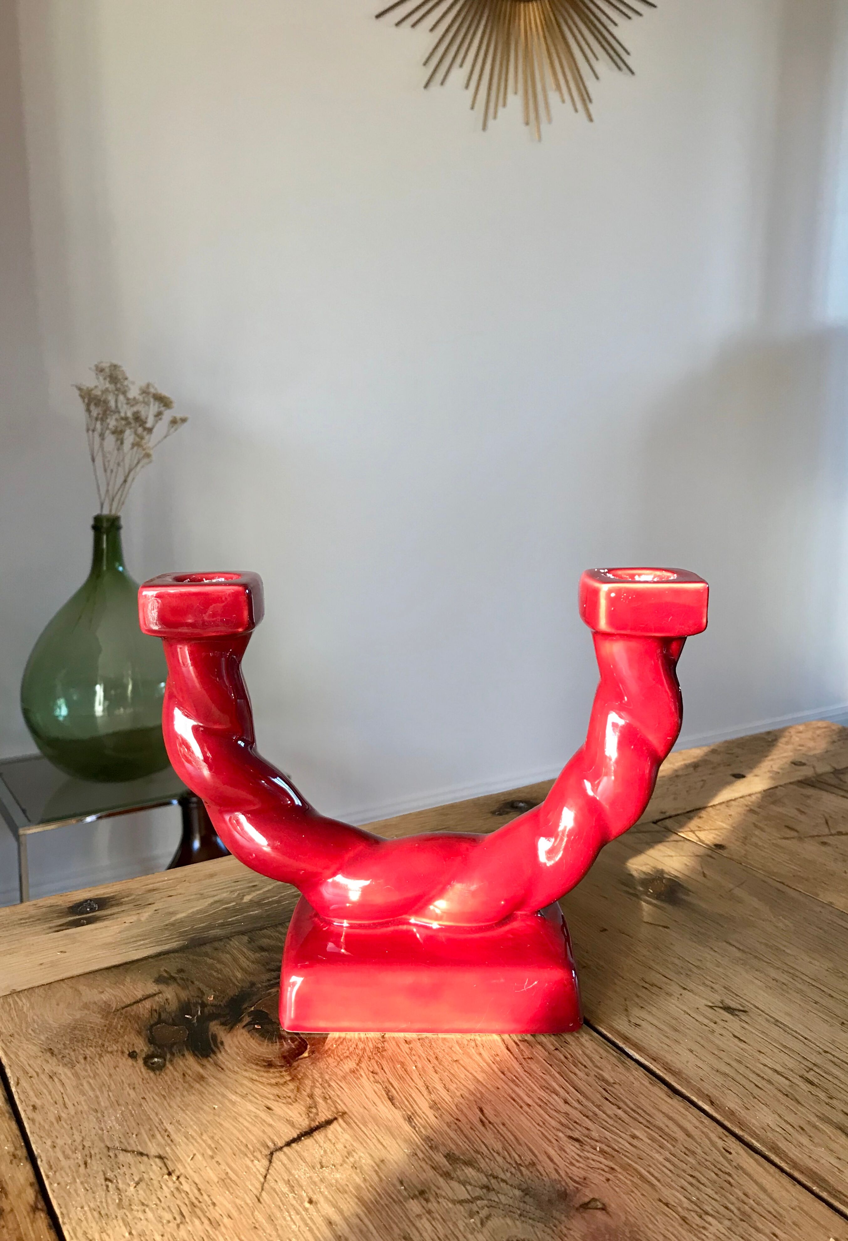 Bougeoir en céramique rouge bordeaux art déco années 30-40