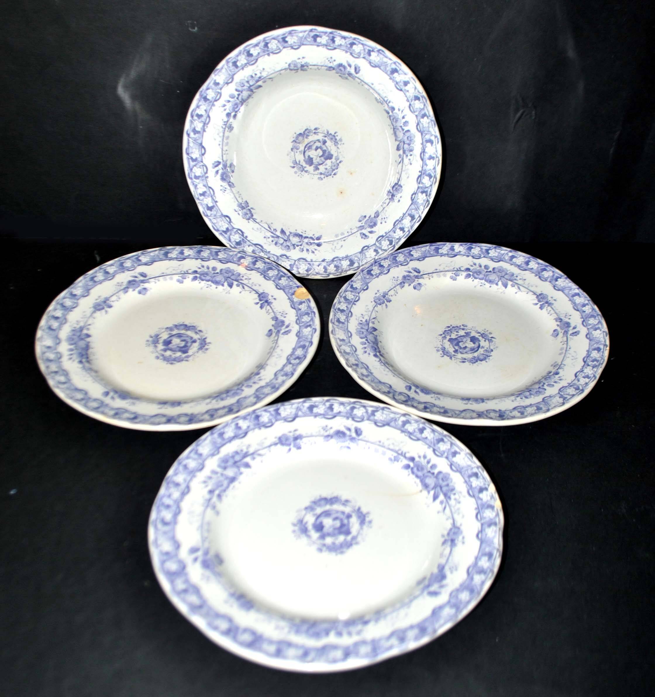 Set of 4 old earthenware plates from CREIL & MONTEREAU with purple vine decoration, 19th century.