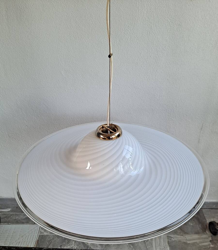 Vintage very large murano white swirl ceiling light clear rim