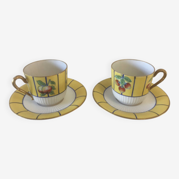 2 cups and saucers - fine porcelain - JB LIMOGES - art deco - "fruits"