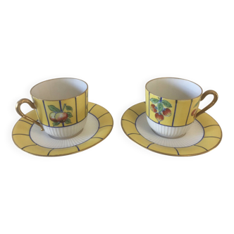 2 tasses et sous tasses - porcelaine fine - J.B LIMOGES - art déco -" fruits"