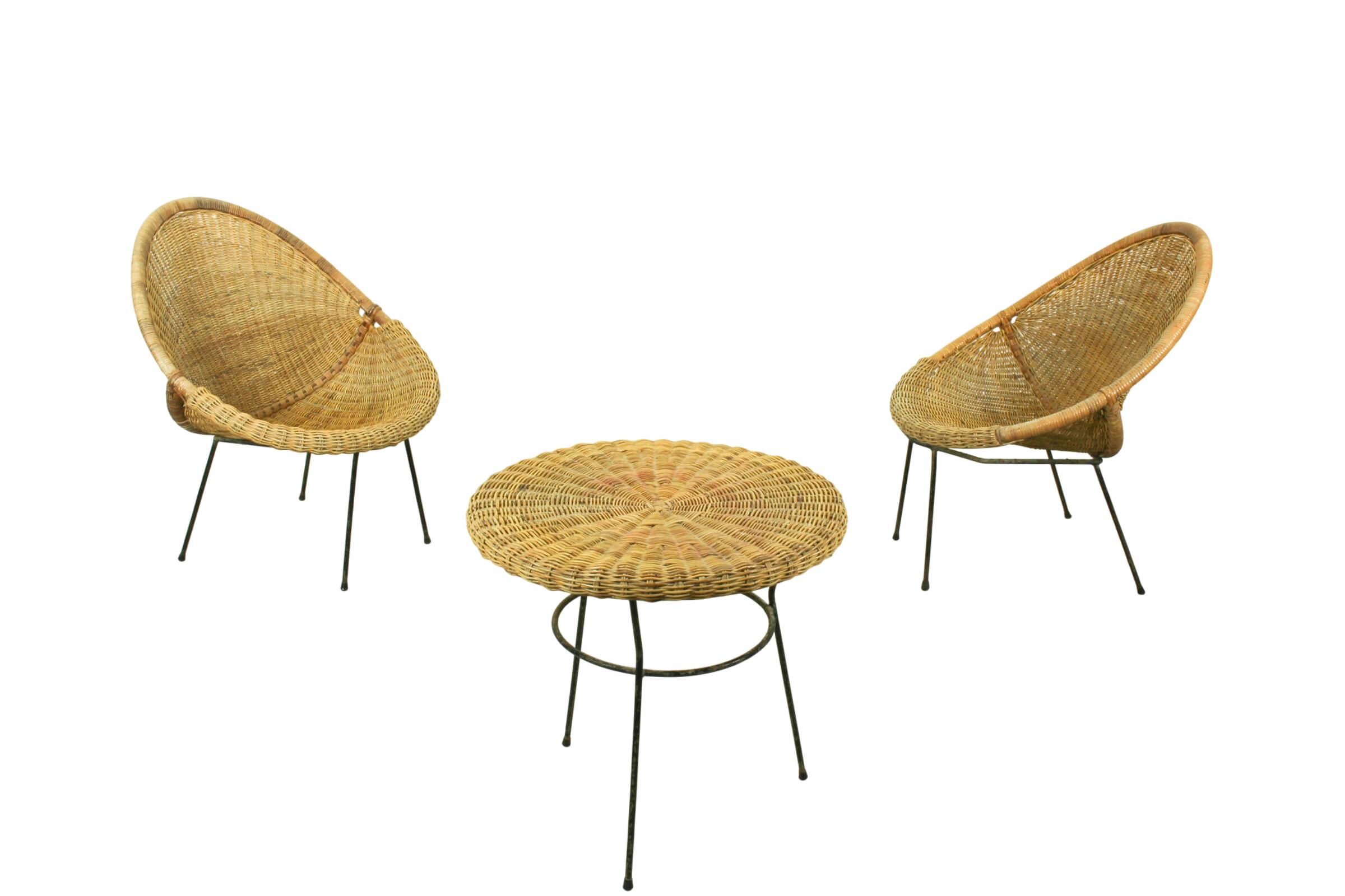 1950s Italian Rattan Basket Chairs & Matching Bistro Table Set