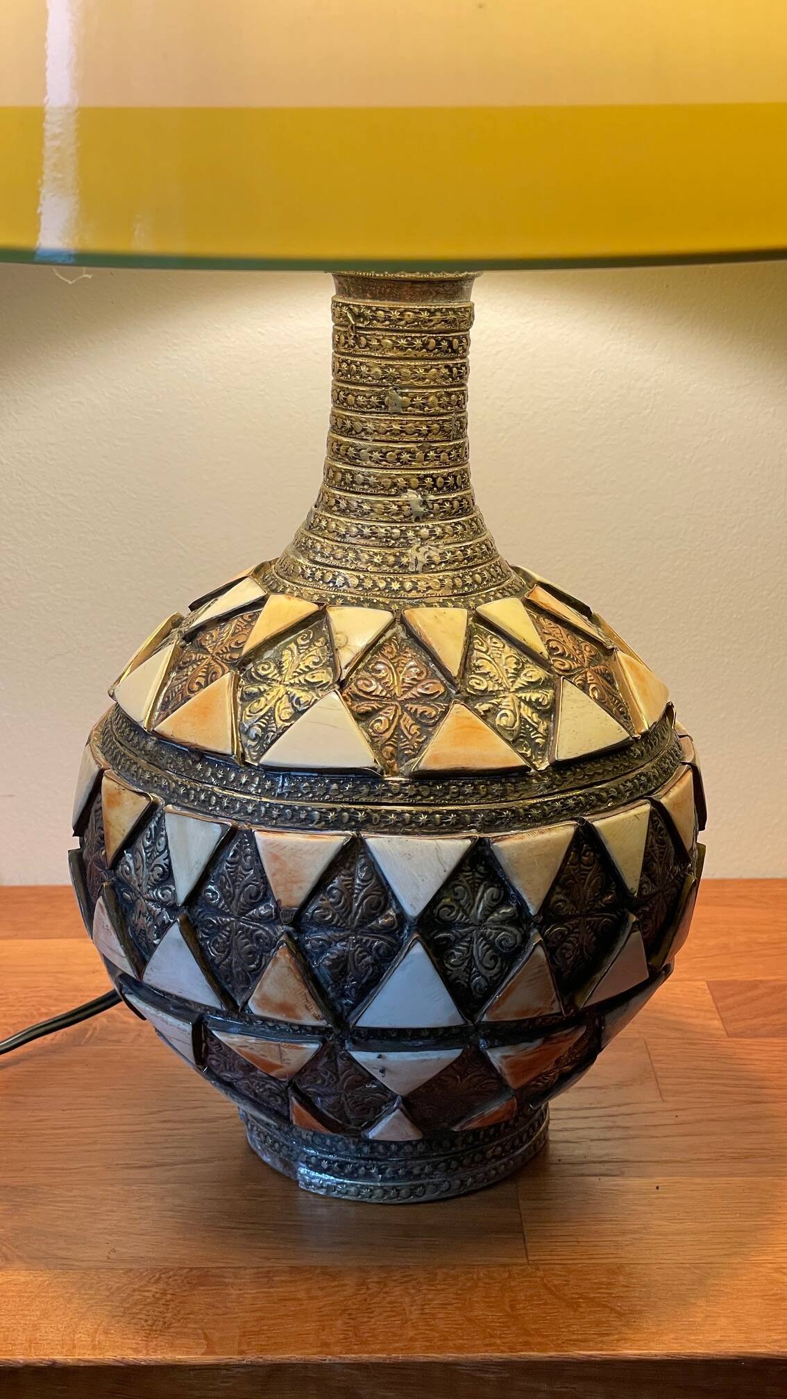 Vintage handcrafted lamp, pottery and silver-plated metal