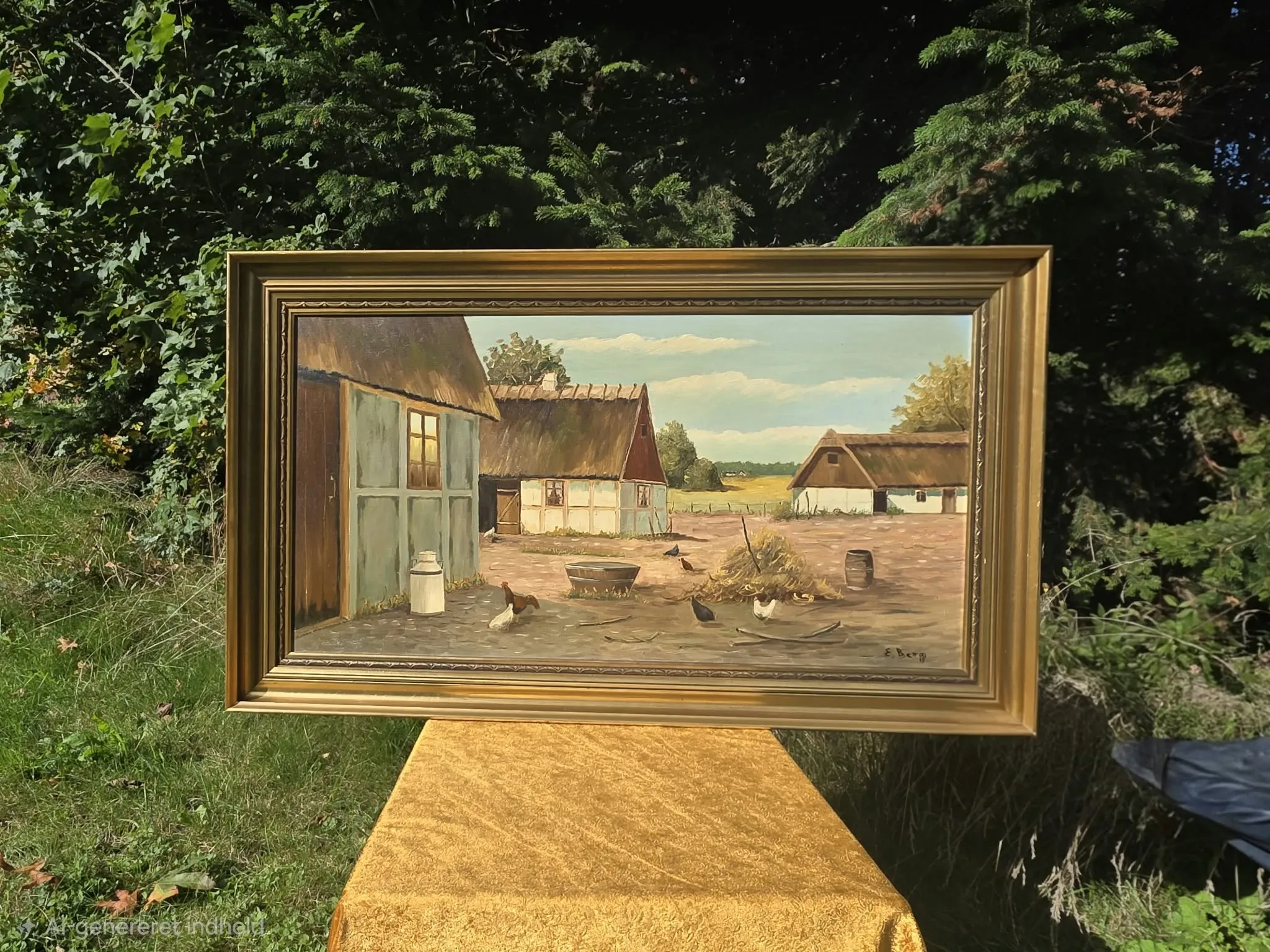 Vintage Oil Painting - Sunlit Farmyard with Chickens