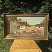 Vintage Oil Painting - Sunlit Farmyard with Chickens