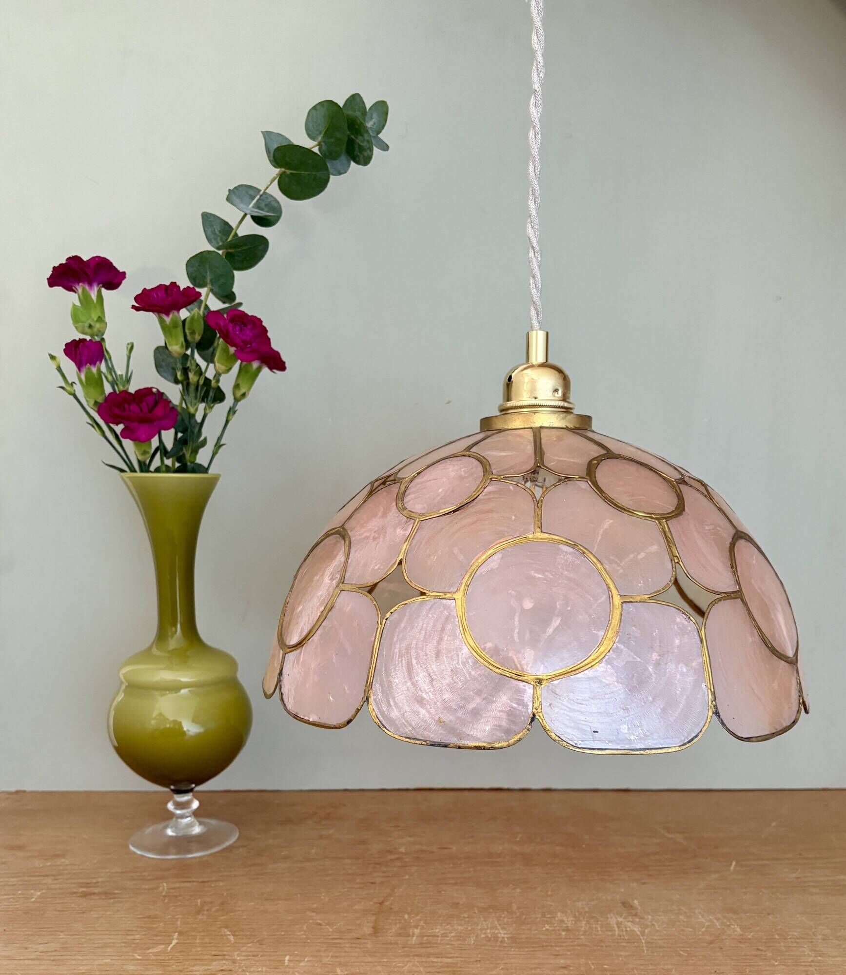 Vintage mother-of-pearl and brass lampshade pendant light