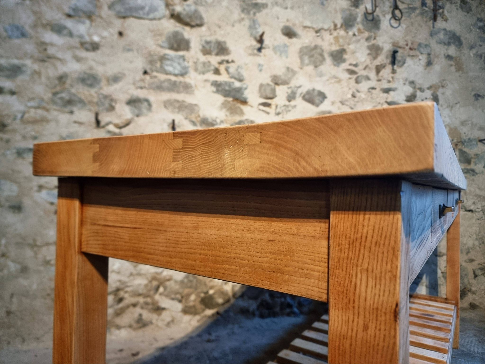 Old French baker's table – kitchen island / work table in solid chestnut with drawers.