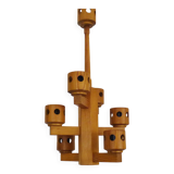 Vintage wooden chandelier with 6 lights. Antique lighting fixture. 1970s