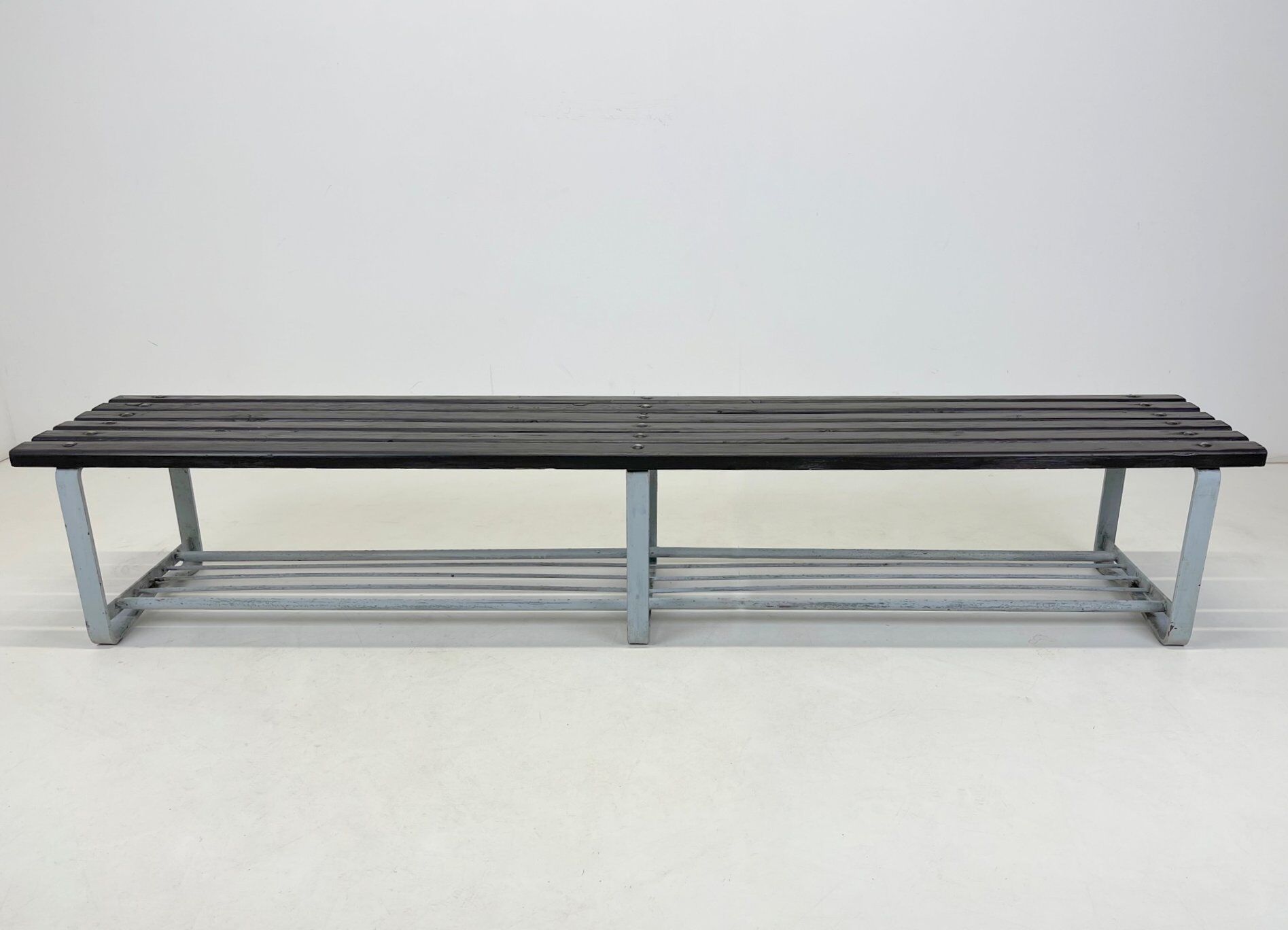 Vintage industrial metal & wood slatted bench, 1950's