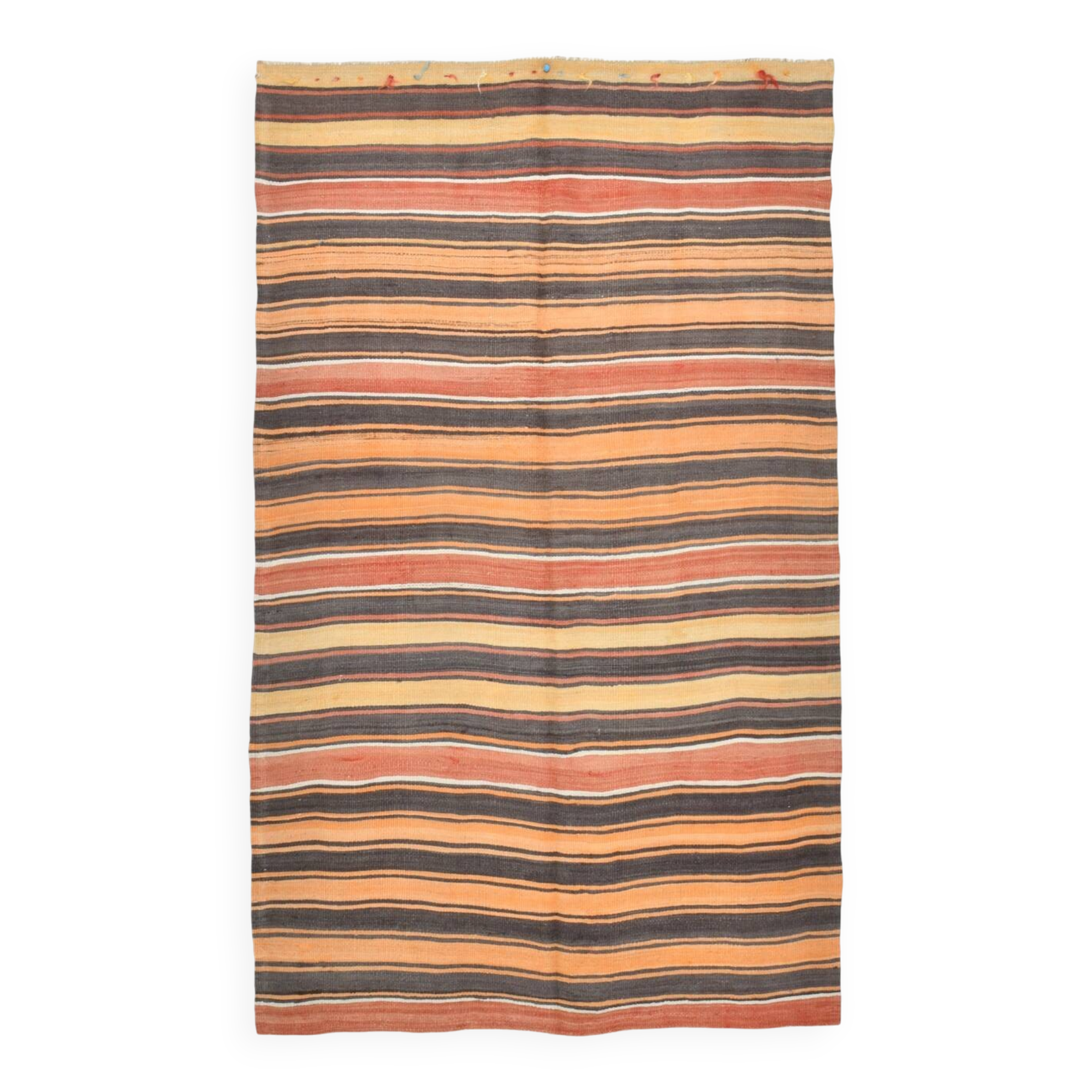 4x7 Kilim Terracotta Red & Orange Striped Turkish Vintage Kilim Rug
