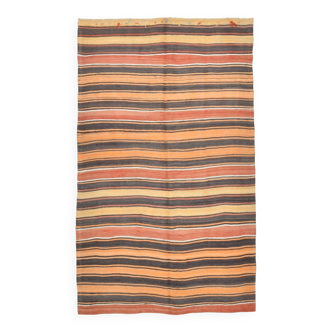 4x7 Kilim Terracotta Red & Orange Striped Turkish Vintage Kilim Rug
