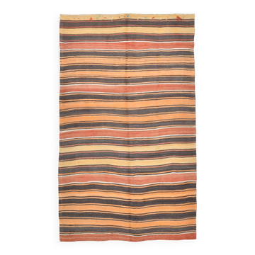 4x7 Kilim Terracotta Red & Orange Striped Turkish Vintage Kilim Rug