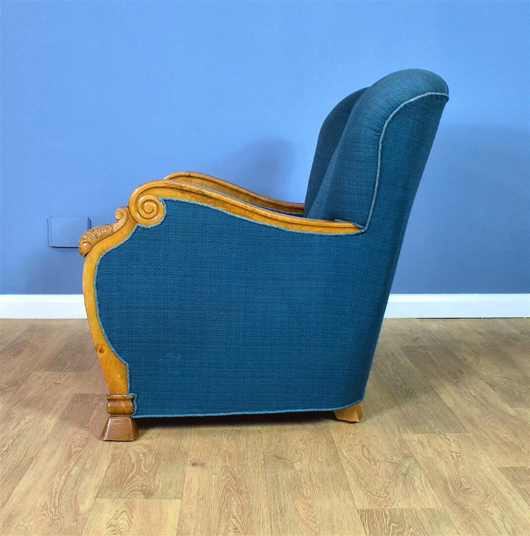 Mid century danish teal blue wool & oak club lounge chair