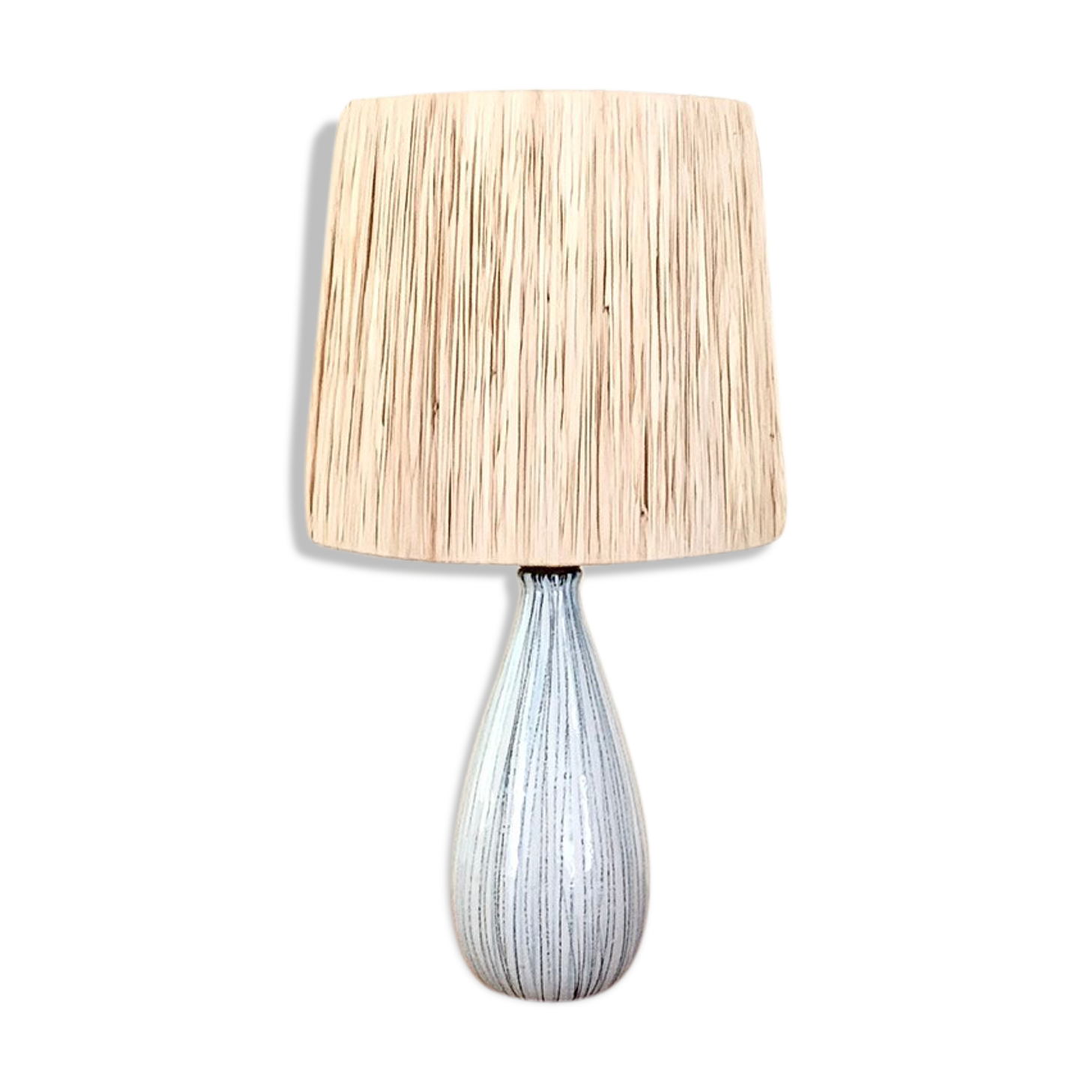 Italian ceramic lamp, raffia lampshade, 60s