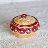Vintage earthenware and slip candy box - Woven basket, burgundy flowers