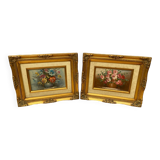 Pair of robert cox still life flowers oil painting canvas + golden wood frame