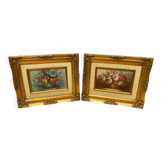 Paire tableau huile toile robert cox nature morte fleurs + cadre bois doré