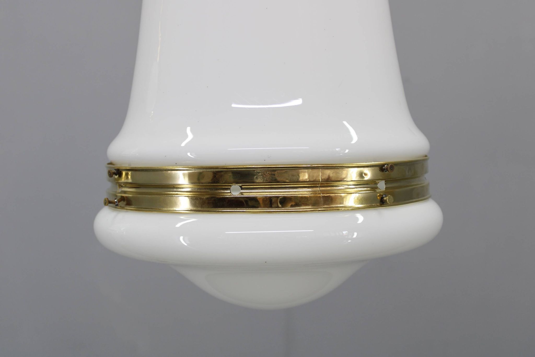 Pair of 1930s Peter Behrens Luzette pendants in opaline glass and brass