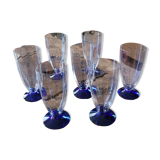 7 flûtes à champagne facettées – pied bleu cobalt – années 70