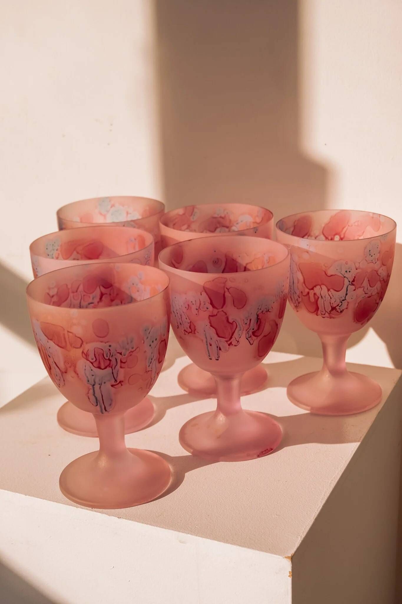 Frosted pink wine glasses hand-painted, set of 6