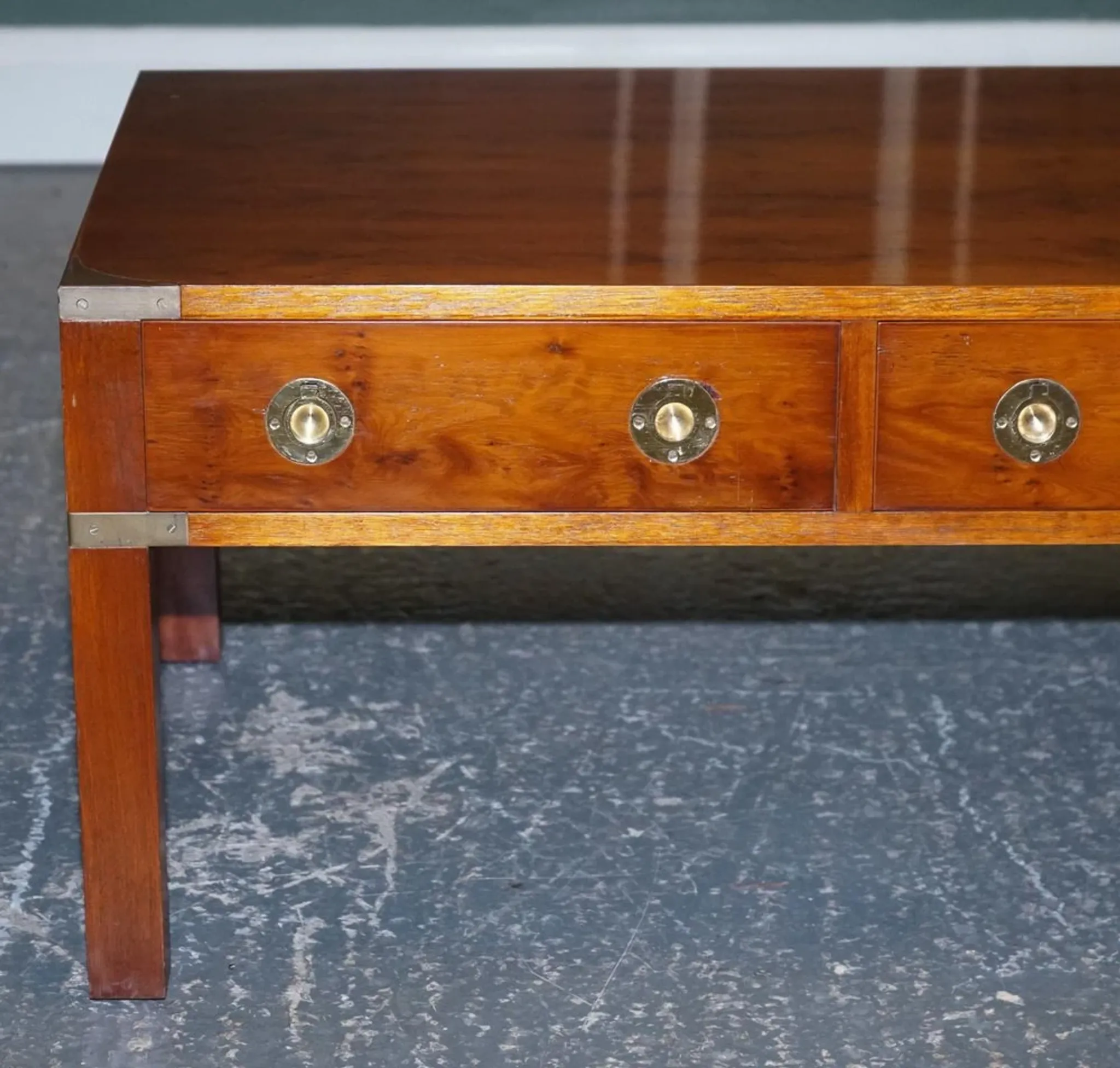 Coffee Table with 3 Drawers Military Campaign in Yew Wood, Elm and Brass, 1950s