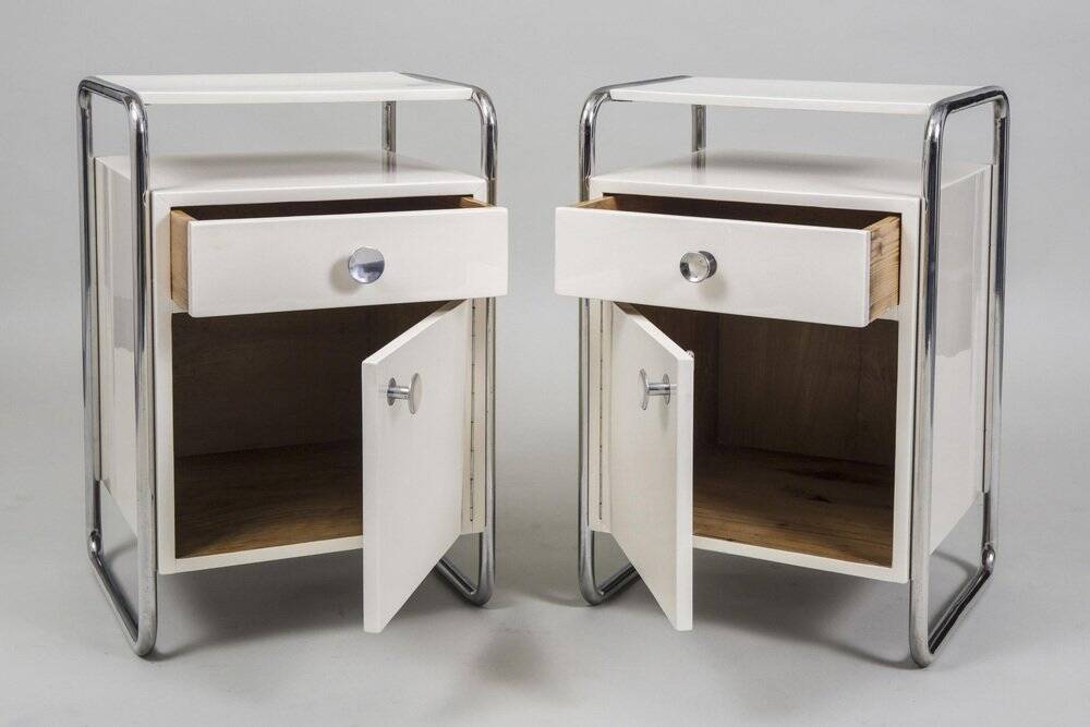 Bauhaus Bedside Tables in Chrome & Wood by Sab, Czech, 1930s, Set of 2