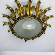 Spanish crown sunburst fixture in gilt metal and frosted glass, 1950s