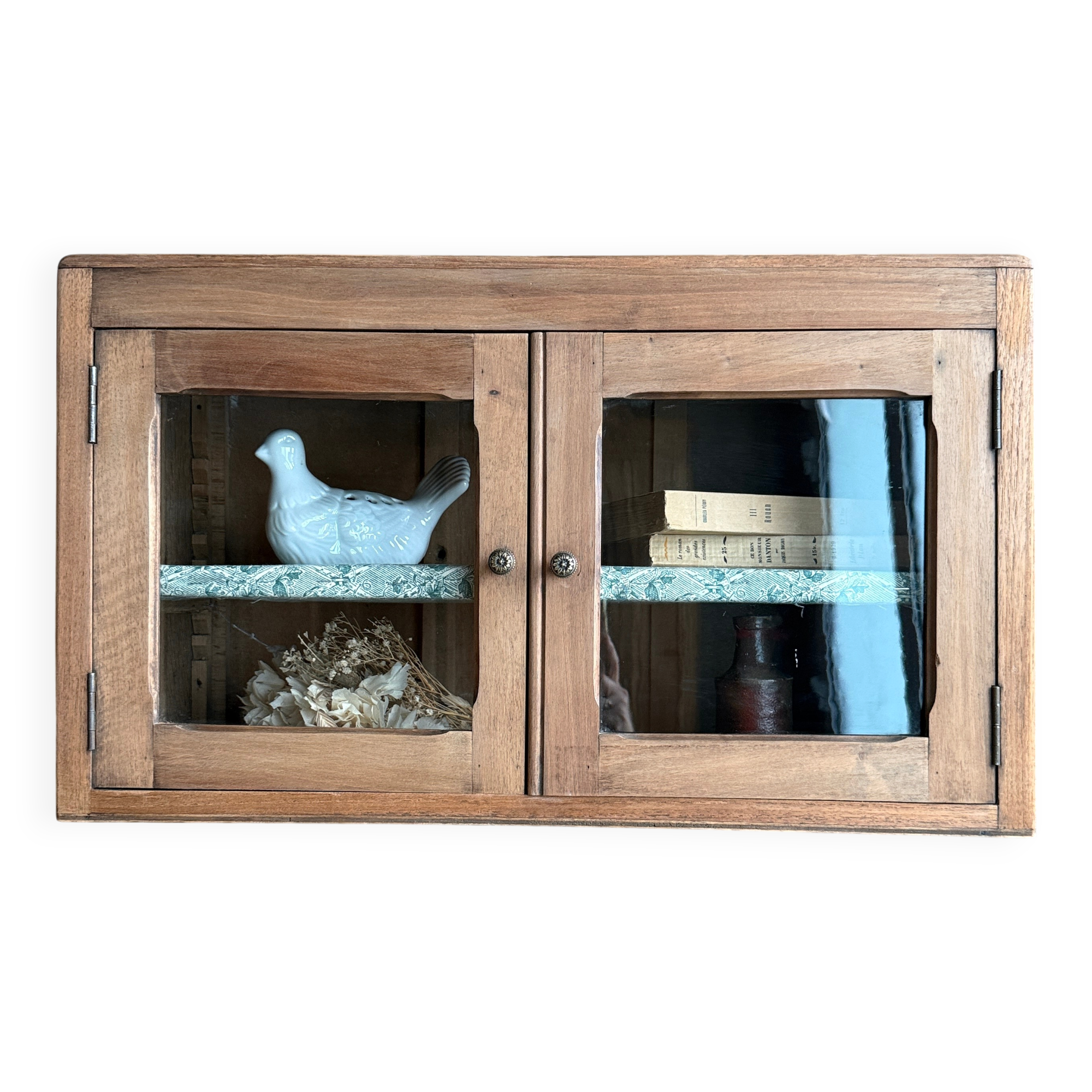 Small antique wall display cabinet in walnut.