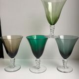 Set of 4 colored wine glasses feet worked 50s