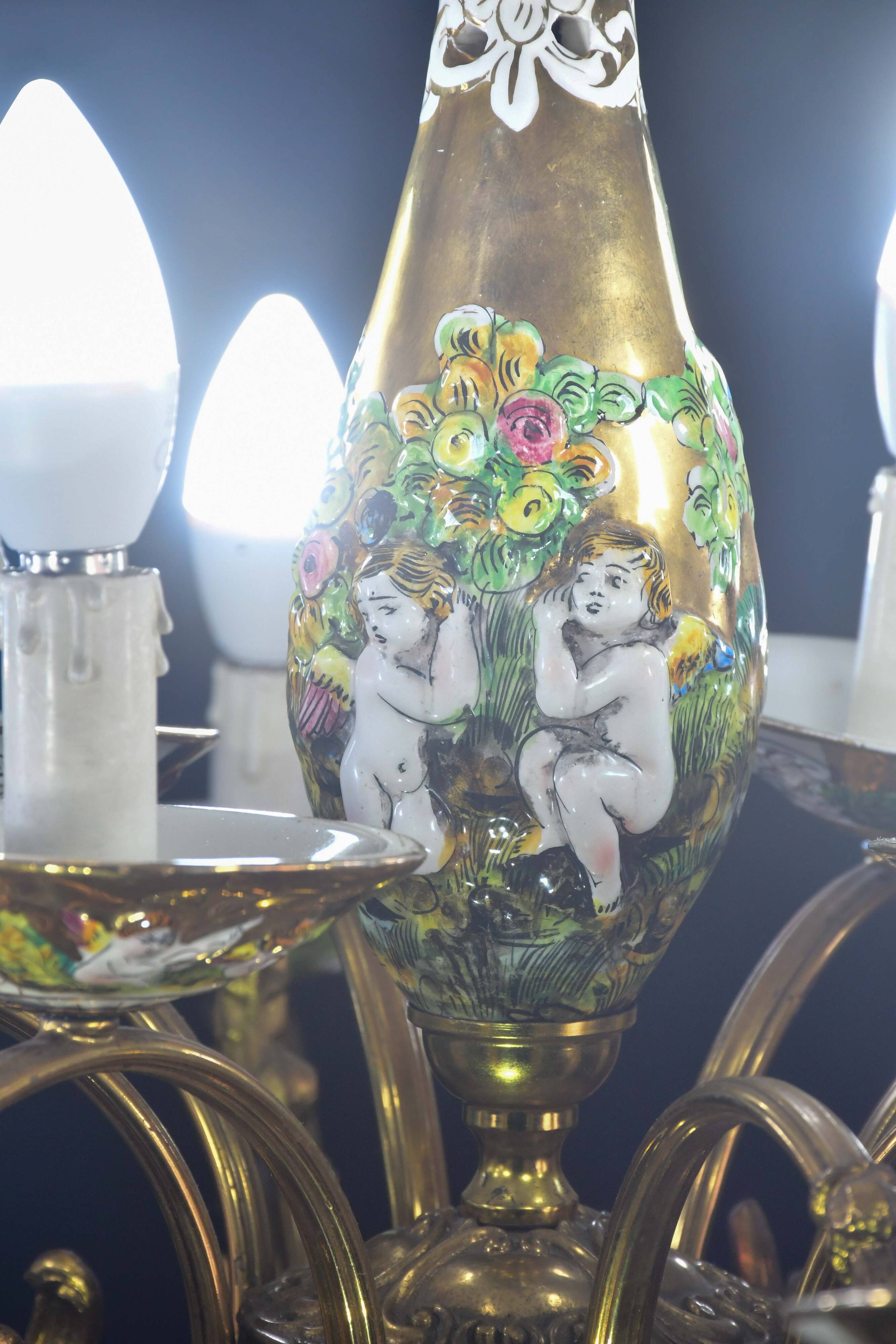 Manila, large size 12 light Italian vintage ceramic chandelier, 1960