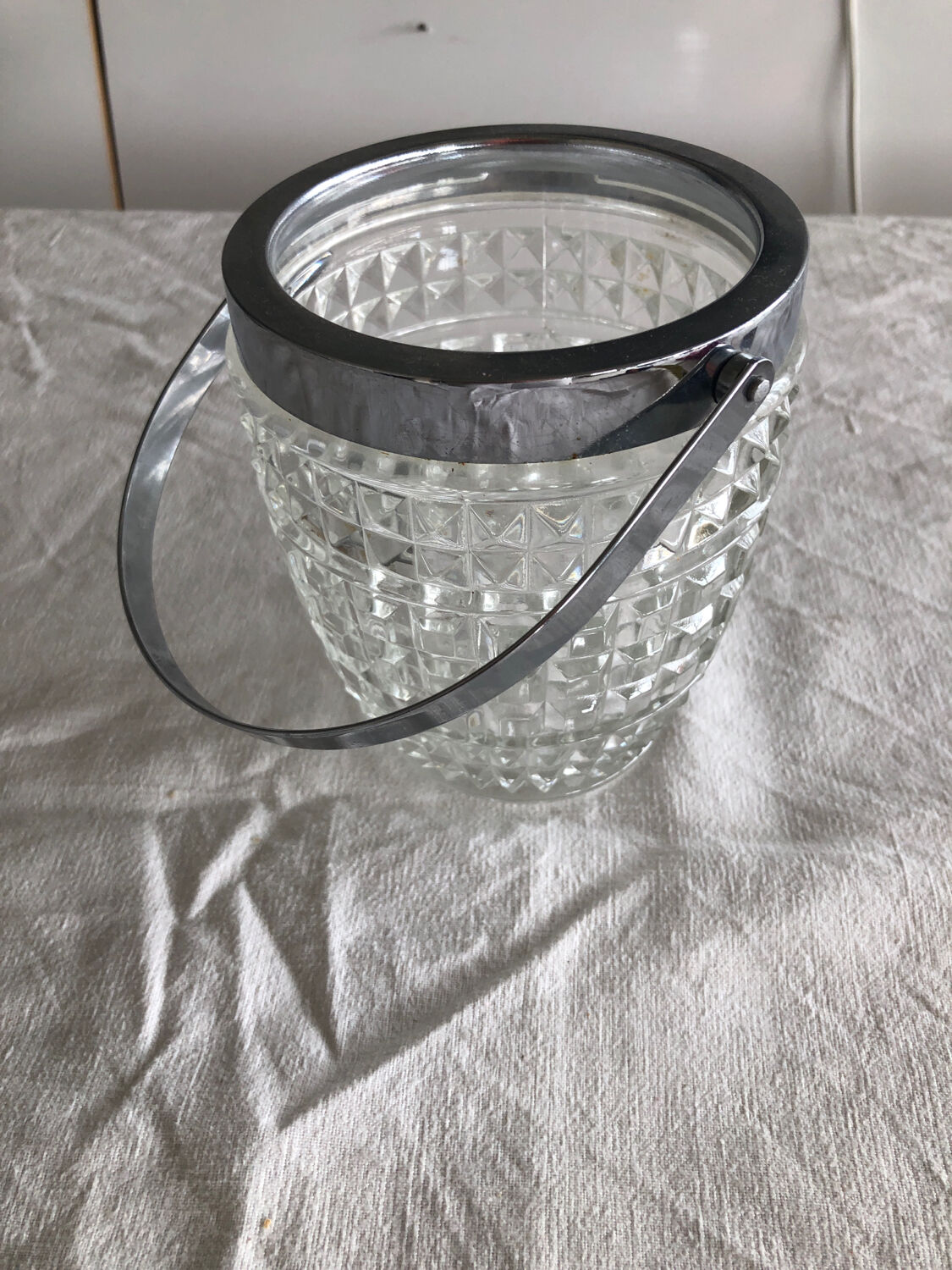 Vintage cut glass and chrome steel ice bucket