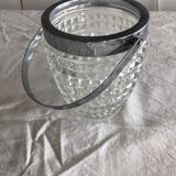 Seau à glace en verre taillé et acier chromé vintage