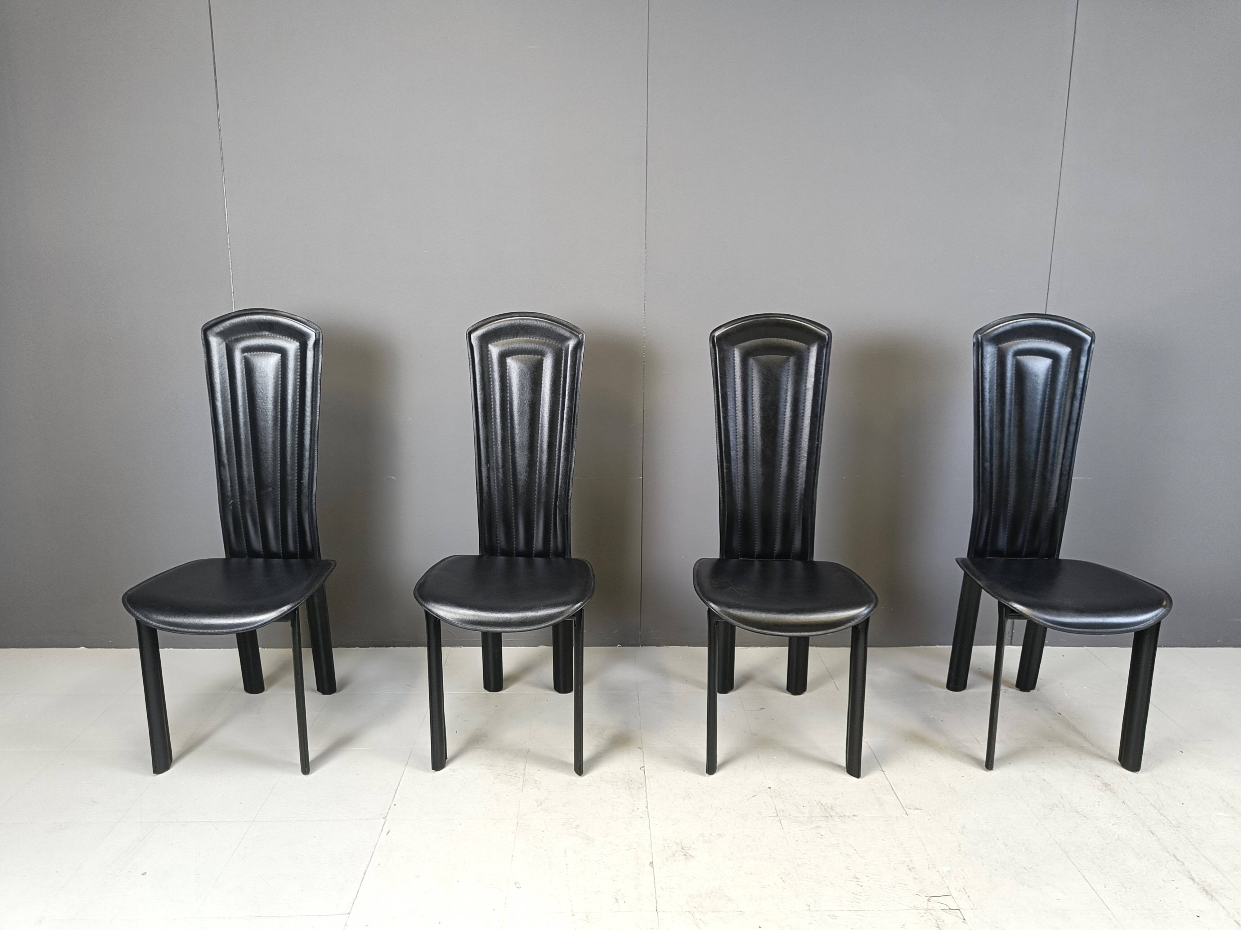 Vintage black leather dining chairs, set of 4, 1980s